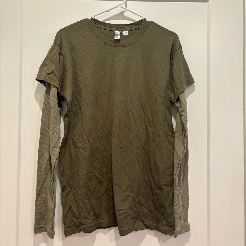 Next Level Apparel Mens Olive Green‎ Layered Waffle Knit Long Sleeve T-Shirt M